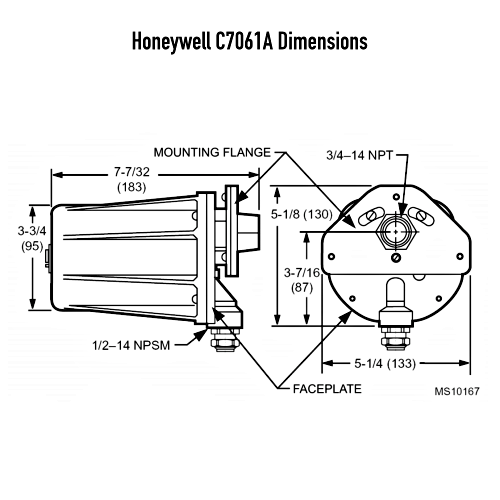 Honeywell C7061A Self-Checking UV Flame Detector Dimensions